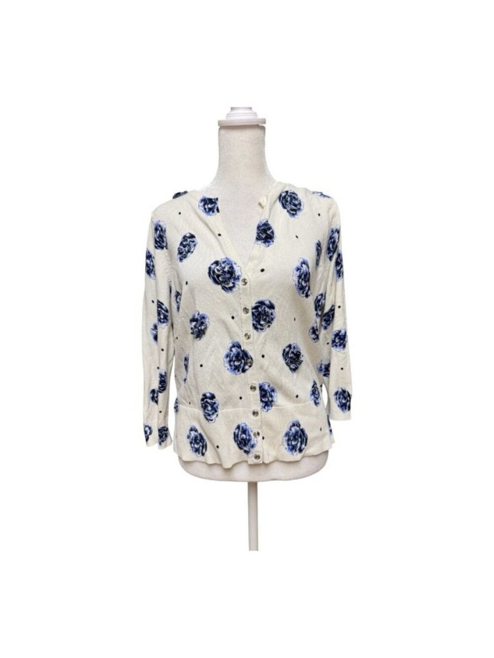 White House Black Market Floral Cardigan Blue Rosette Appliqué L